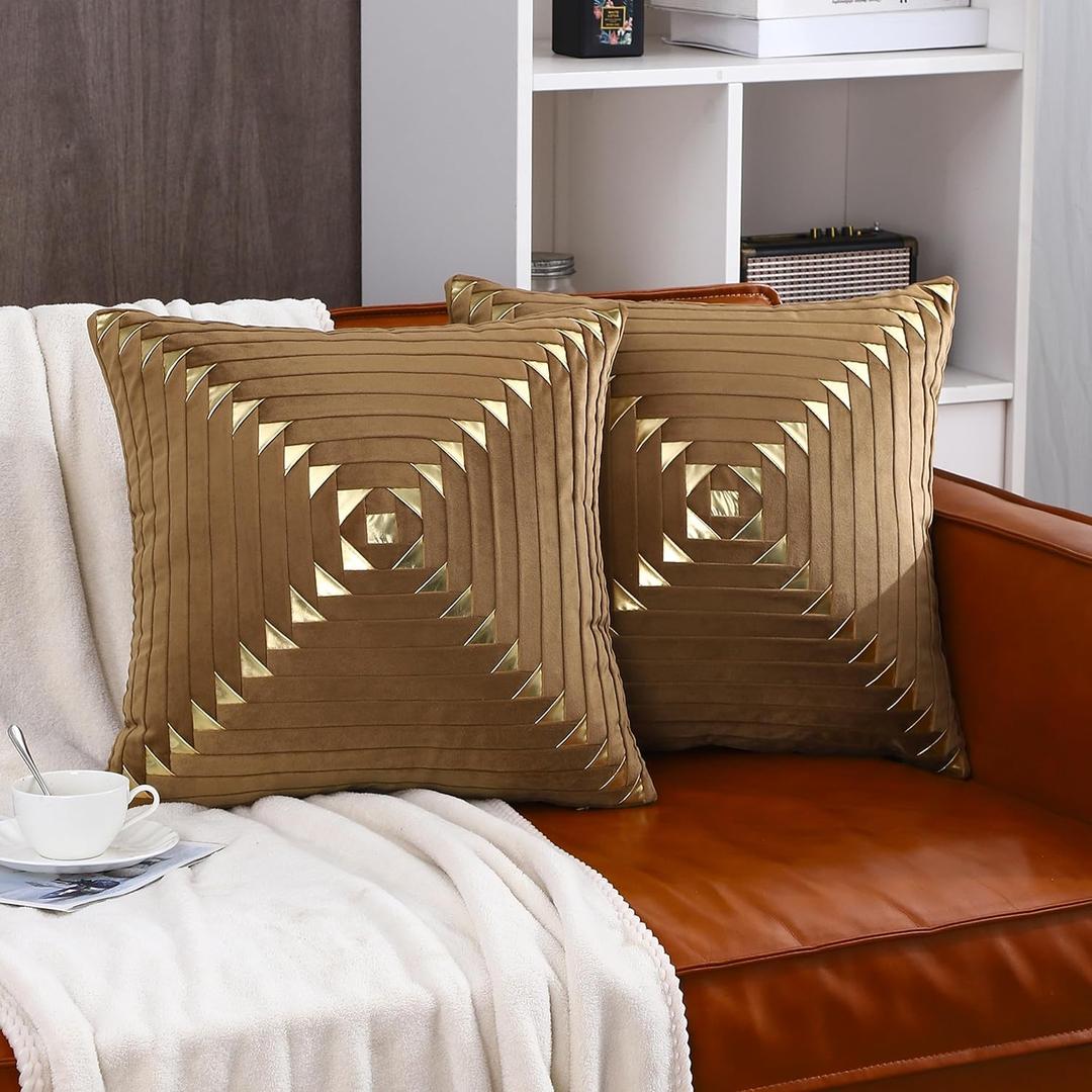 Tosleo Set of 2 Brown and Gold Throw Pillow Covers Soft Decorative Luxury Velvet Cushion Covers Pillow Cases with Gold Leather for Sofa Bedroom Livingroom Car, 18 x 18 inch