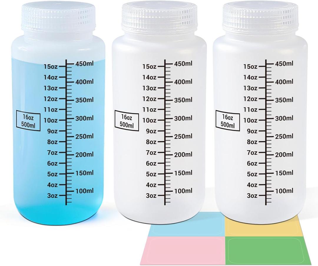 17oz Wide Mouth Plastic Bottles with Airtight Lids, Graduated Food Grade Leak Proof PP Containers Jars for Water Sample Lab Reagent Liquid Medicine Storage (Translucent, 3 Pack)