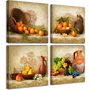 JiazuGo Kitchen Wall Decor Canvas Art for Dining Room Vintage Theme Fruit Pictures Farmhouse Rustic Signs Paintings Bar Accessories Realism Colorful Framed Decorations 4 Pcs/Set (12L" x 12W")