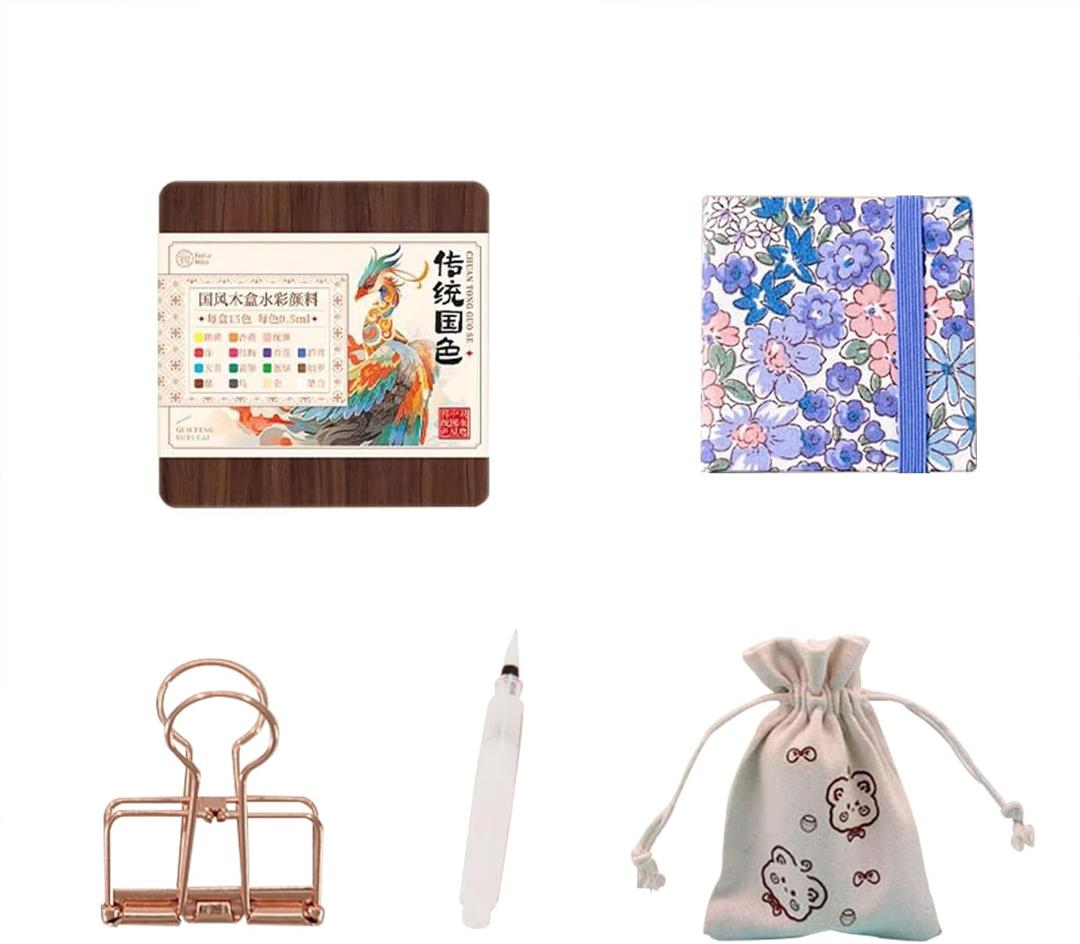 15 Gauge Acrylic Mini Palette, Mini Watercolor Palette Set, Pocket Artist Watercolor Travel Set, Portable Watercolor Palette Box Set with Brushes, Clips, Sketchbook, Paints, Storage Bag (A)