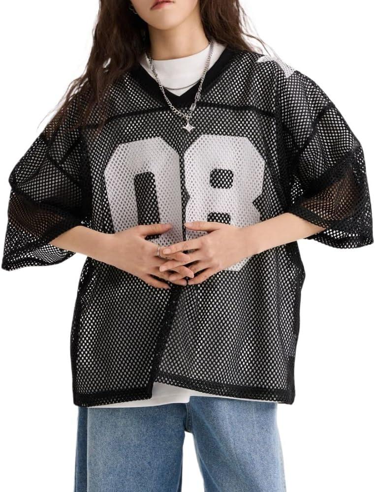 Jersey Shirts for Women Y2k Mesh Number Graphic Tees Short Sleeve Baggy Streetwear Summer Tops Oversized Sports T Shirt
