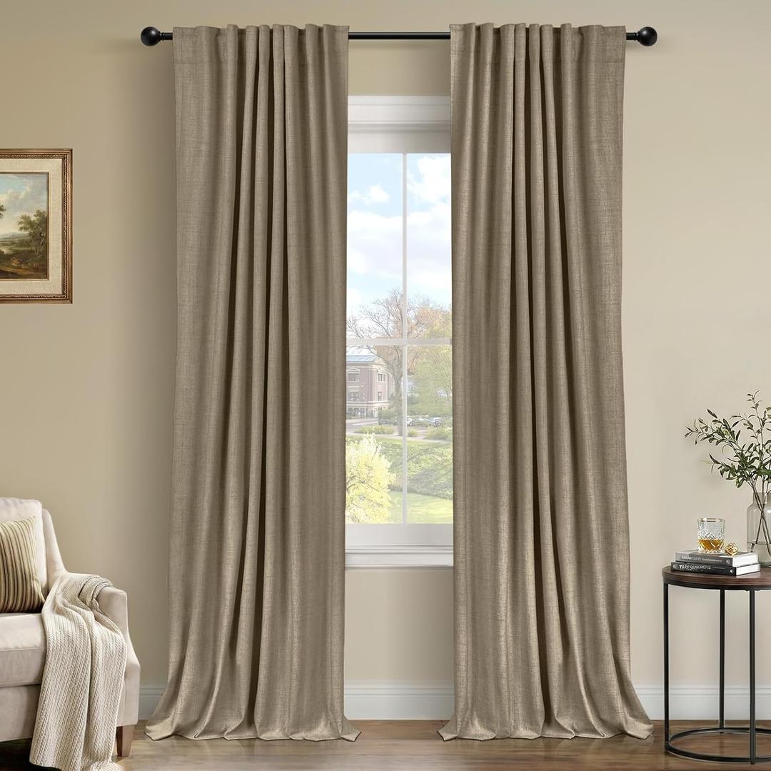100% Blackout Shield Linen Blackout Curtains for Bedroom 96 Inches Long, Back Tab/Rod Pocket Living Room Drapes, Thermal Insulated Blackout Curtains 2 Panels Set, 50" W x 96" L, Plaza Taupe