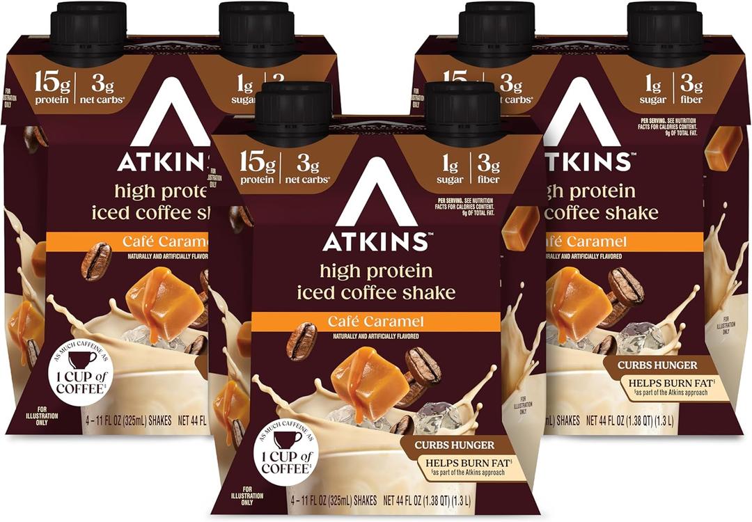 Atkins Caf Caramel Iced Coffee Flavored Protein Shake, High Protein Shake, Low Glycemic, Low Carb and Low Sugar, Keto Friendly, Gluten Free, 12 Count