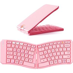 MEETION New Ergonomic Bluetooth Foldable Keyboard, Split Compact Portable Wireless Keyboard for Business Travel, Rechargeable Folding Keyboard for Tablet PC Smartphone iOS Android Windows Mac Pink