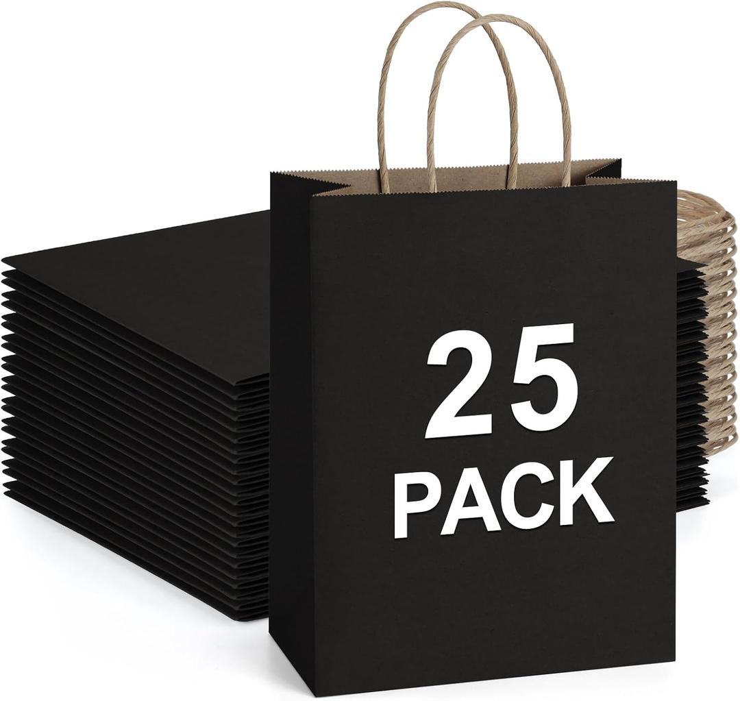 BagDream 25Pcs Black Gift Bags 8x4.25x10.5 Kraft Paper for Gifts, Shopping Retail Merchandise Grocery Sacks, Black Paper Bags with Handles Bulk Medium