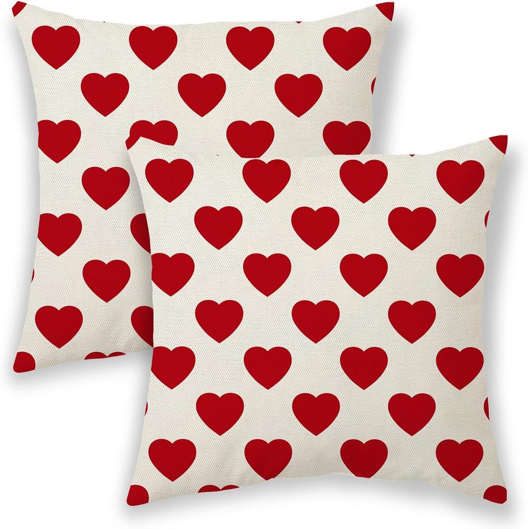 BETGINY Valentines Pillow Covers 18x18, White Red Love Heart Outdoor Decorative Throw Pillows for Couch, Anniversary Decor Cushion Cover 2 Pcs Farmhouse Linen Pillowcase for Bed Car Safa