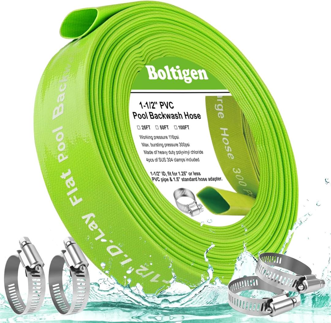 Boltigen 1-1/2'' Pool Backwash Hose, 100 Feet Heavy Duty PVC Pool Drain Hose with Clamps, Lay Flat Water Discharge Filter Pump Hose for Swimming pools, High Pressure Pool Pump Hose (1.5" ID x 100 FT)