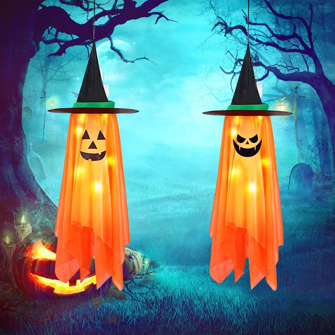 Halloween Decorations, 2 Pack Pre-Installed Lighted Halloween Pumpkin Ghost Witch Decor, Outdoor/Indoor Cute Hanging Decorations Ornaments for Party Wall Yard Tree Porch Home Lawn