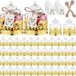 60 Sets Mini Crown Candy Boxes with Thank You Tags and Twine Plastic Candy Containers Storage Boxes Decorative for Wedding Baby Shower Party Princess Birthday Supplies (Gold)