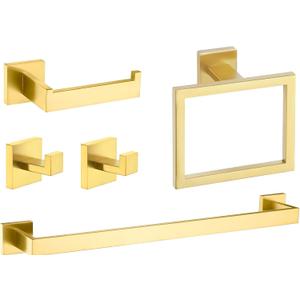 5-Piece Brushed Gold Bathroom Hardware Set - Hand Towel Bar, Toilet Paper Holder, Towel Ring & Rack