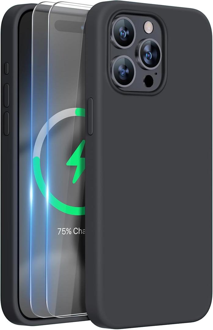 Miracase for iPhone 15 Pro Max Case, [with 2X Screen Protectors], Compatible with MagSafe, Liquid Silicone Case Shockproof Drop Protection Phone Case for 15 Pro Max, Black Magnetic