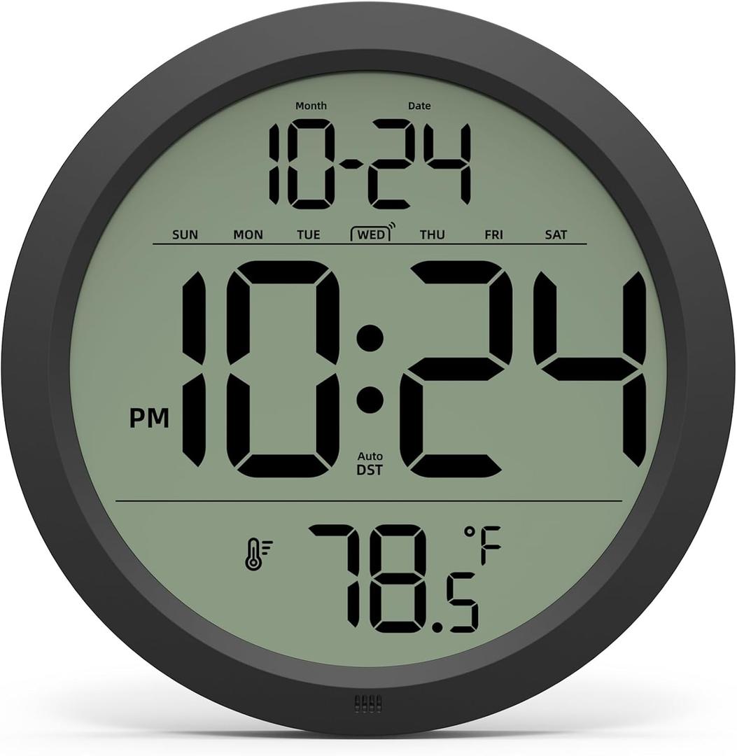 Digital Wall Clock with Date, Indoor Temperature, Auto-DST, Battery-Operated Digital Clock, 8 Inch Small Decorative Wall Clock for Bedroom, Living Room, Home, Kitchen, Office, Modern, Electric, Simple (Black)