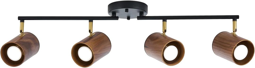 Modern 4-Light Track Lighting Kit Fixture, Adjustable Matte Black Finish and Dark Wood Lampshade Ceiling Light, Brass Swivel Item Kit, for Living Room, Kitchen, Artwork