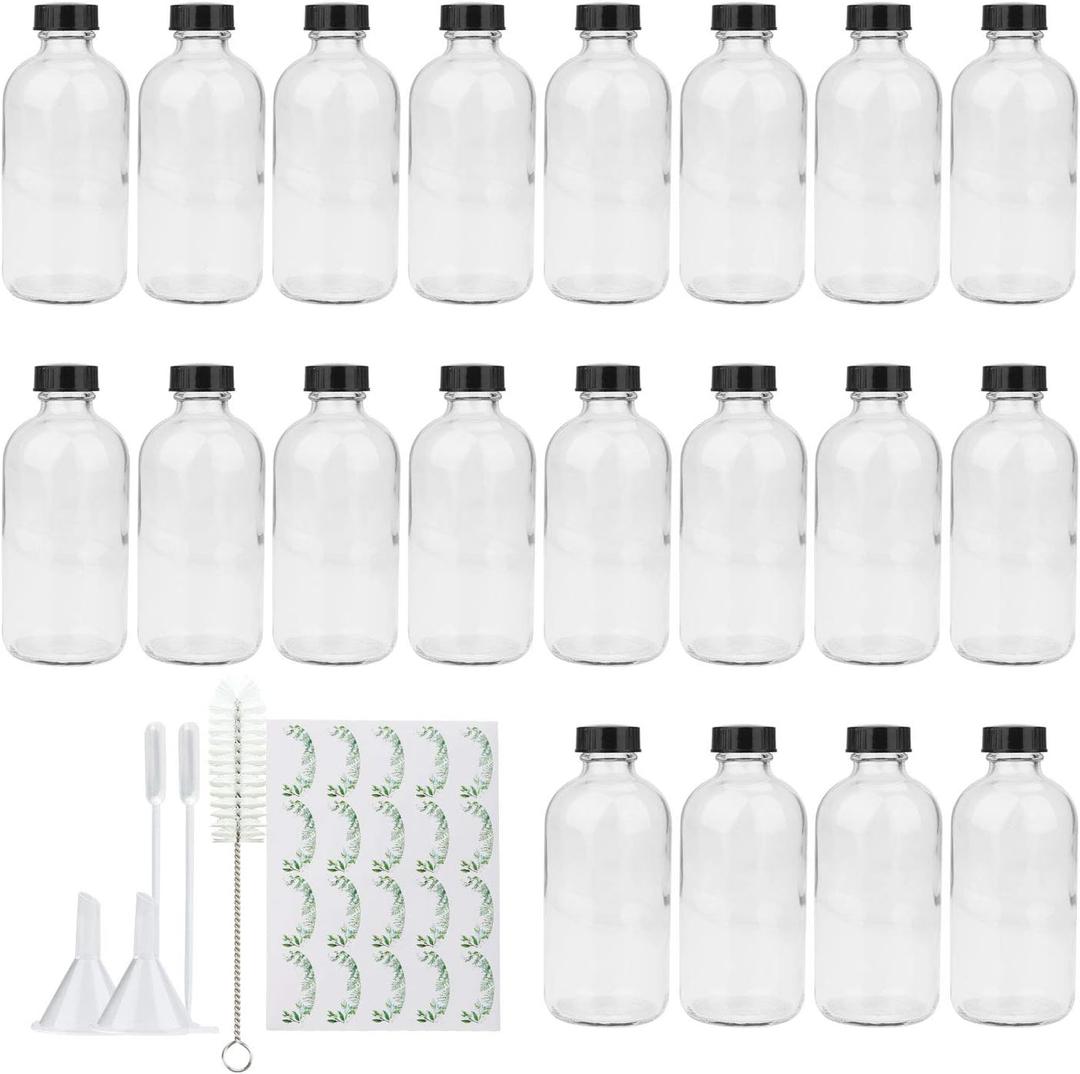Maredash 8oz Clear Glass Bottles, 20 Pack Glass Storage Bottles with Black Lids (20 Labels, with Funnels, Droppers and Brush)