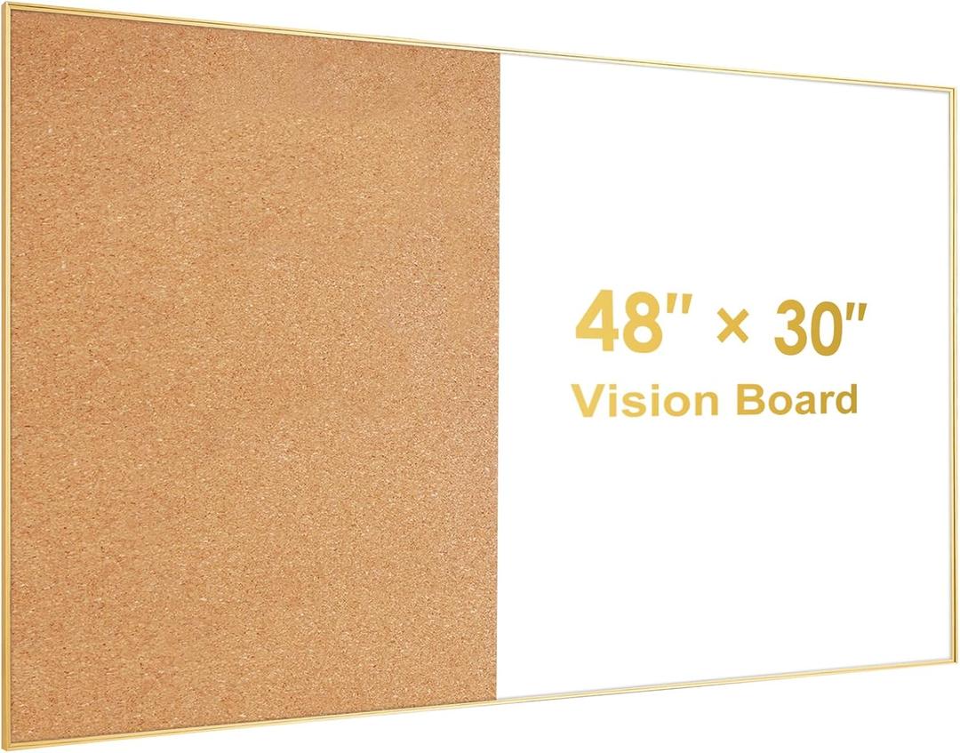 ARCOBIS Cork Board White Board Combo, Bulletin Board-Gold Frame, Magnetic Dry Erase Board & Corkboard for Wall, Vision Board for Home, Office, School (Gold, 48 x 30)
