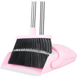 Pink Broom and Dustpan Set, 52-in Handle Broom Dustpan Combo Set Household Hand Broom with Dustpan Teeth to Clean Hair for Home Kitchen Office Lobby Sweeping IndoorPink
