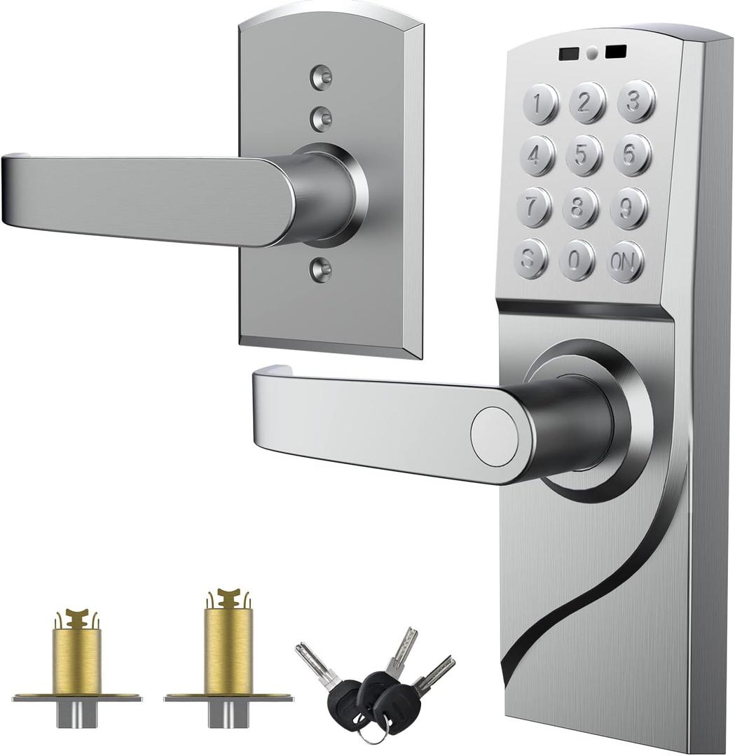 Door Lock with Keypad, Digital Smartcode Door Lock for Front Door, Commercial Keyless, keyless Entry with Handle for Bedroom, Office, and House Rental, Silvery (Left Hand) 1
