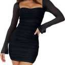 Lrady Women's Sexy Long Sleeve Bodycon Mini Dress Mesh Square Neck Slim Fit Ruched Party Club Short Dresses (1# Black) S
