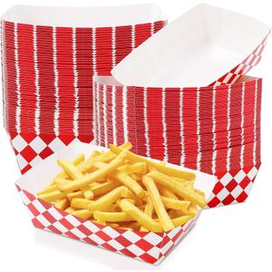 Blcculi 100 Pack Gingham Paper Food Trays,Disposable Paper Food Boat,Gingham Party Supplies,Snack Serving Trays for Nacho,French Fries,Popcorn,Hot Dog (Red + White)