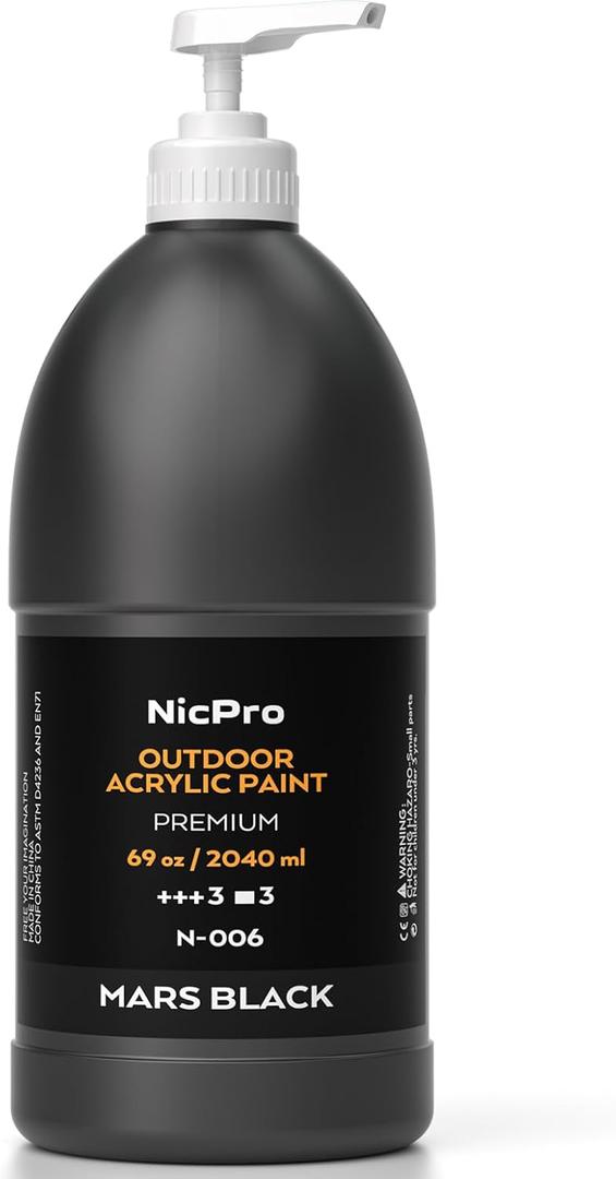 Nicpro Black Large Outdoor Acrylic Paint Set (69 oz, 2040 ml) Rich Art Painting Supplies Non Toxic Multi Surface Paint for Canvas, Wood, Leather, Fabric Stone Craft, Concrete, Wall, for Beginners, Artists & Adults with Pump