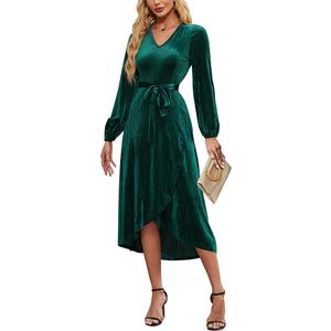 Women's Velvet V Neck Puff Sleeve Dress for Wedding Guest Cocktail Elegant Bodycon Party Midi Dress, Size XL