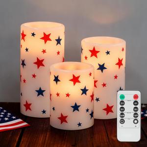 LUSHARBOR 4th of July Flameless Candles with Remote, 3 Pack Patriotic Candles Battery Operated with Star Decor, Wax LED Electric Candles Centerpiece for Home Party Patriotic Holiday Decor