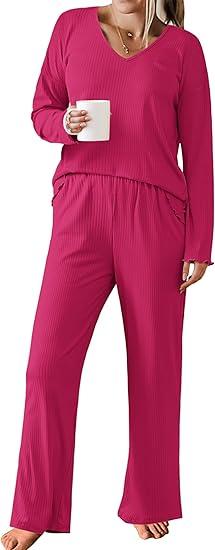 Ekouaer Womens Ribbed Knit Pajamas Set V Neck Long Sleeve Pj Set 2 Piece Loungewear Casual Sleepwear 2XL