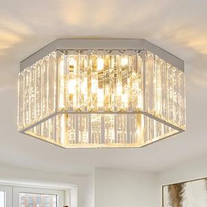 Crystal Brushed Nickel Flush Mount Ceiling Light, 3-Light Chrome Light Fixture Ceiling Mount, Ceiling Light with Hexagon Crystal Cage, Luxury Chandeliers for Living Room/Entryway/Bedroom/Closet Light