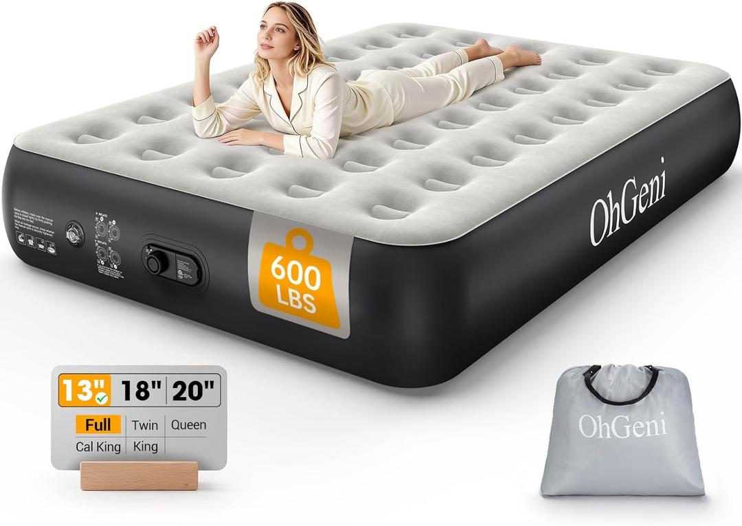 OhGeni Air Mattress Full with Built in Pump, 13" Raised Inflatable Blow up Mattress, Family Choice Award Winner, Portable Foldable Bed with Upgraded Surface for Home & Camping, 600 lbs (Low-profile Height 13'' Black)