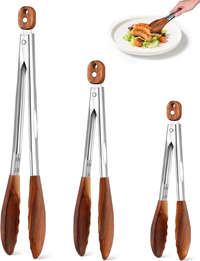Wooden Tongs for Cooking Set of 3 (7",9",12") Natural Walnut Wooden kitchen Tongs for Grilling, Serving, BBQ and Tossing Salad etc | Ergonomic Stainless Steel Non-Slip Grip, Heat Resistant, Pull Lock