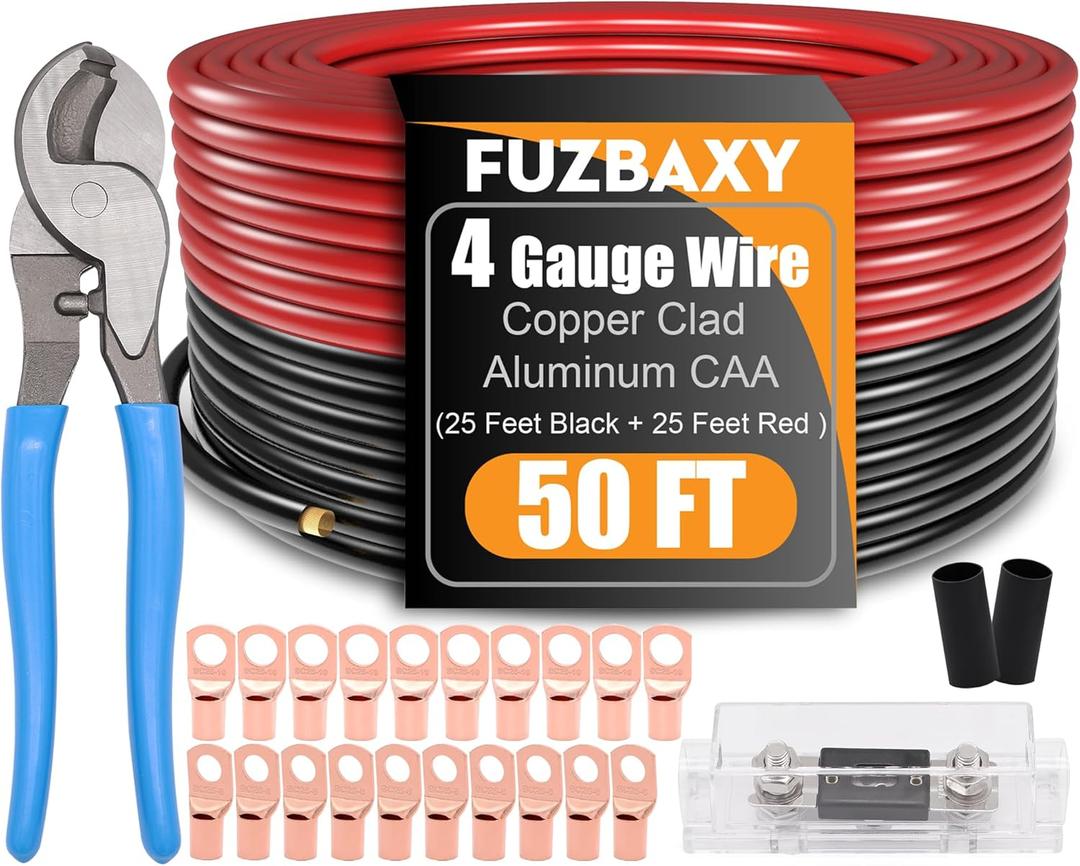 4Gauge Wire (25 Feet Black+25 Feet Red) Copper Clad Aluminum Automotive Power Ground Cable Wire,20PCS Lugs Terminal Connectors,Heat Shrink Tubing,100A ANL Fuse with Cable Cutter