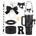 Rabrgab 7Pcs Black Stanley Cup Accessories for 40Oz 30Oz 20Oz, Women Teen Girls Gifts, Stanley Tumbler Cup Decoration with Straw Topper, Bow Charm, Silicone Boot, Handle Strap, Letter Sticker R