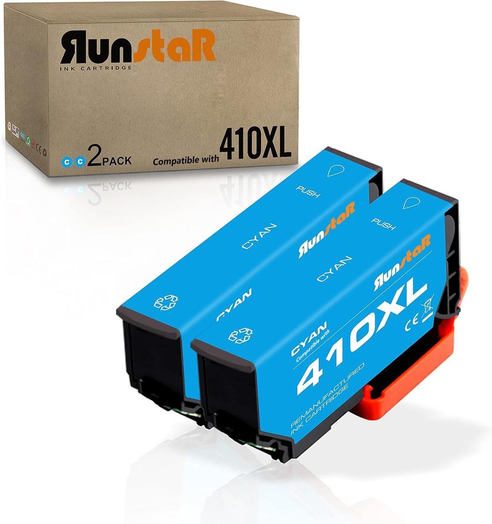 Run Star 2 Pack Remanufactured for 410XL T410XL Cyan Ink Cartridge Replacement for Epson 410XL T410XL use for Epson Expression XP-530 XP-630 XP-635 XP-640 XP-830 XP-7100 Printer (2 Cyan)