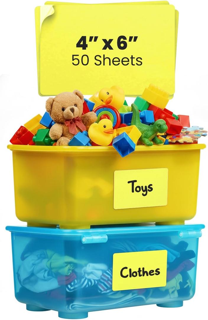 MESS Large Bin Labels for Storage (50 6x4) - Pantry, Organizing, Craft, Shelf, Tote, Moving Labels - Removable for Boxes and Bins (Yellow)