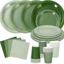 Whaline 96Pcs Sage Green Tableware Set Serves 24 Gradient Green Disposable Dinnerware 24 9" Plates 24 7" Plate 24 9oz Cups 24 Napkins for Wedding Birthday Party Supplies