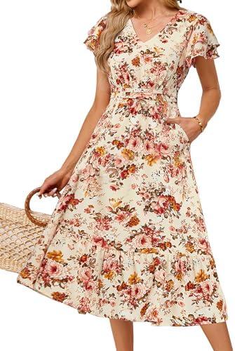 Women's 2024 Summer Dress V Neck Ruffle Sleeve Flowy Tropical Floral Smocked Waist Beach Vacation Midi Dress with Pockets, Size: L