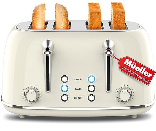 Mueller Retro Toaster 4 Slice with Extra Wide Slots Bagel, Defrost, and Cancel Function, 6 Browning Levels, Dual Independent Controls, Removable Crumb Tray and High Lift Levers, White