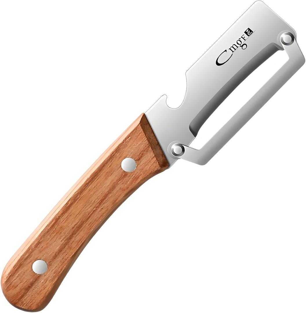 Premium Vegetable Peeler with Wooden Handle and Bottle Opener Stainless Steel Blade Kitchen Tool for Fruit Apple Potato Pumpkin Papaya Zucchini (Silver/Burlywood)