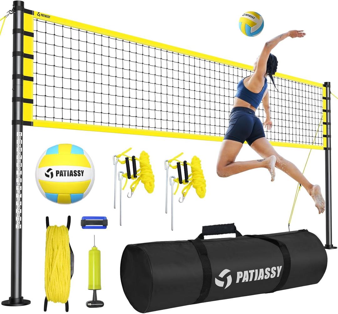 Portable Volleyball Net Set for Backyard, Beach & Outdoor - Regulation Size, Height-Adjustable Poles, PU Volleyball with Pump, Carrying Bag (Yellow)