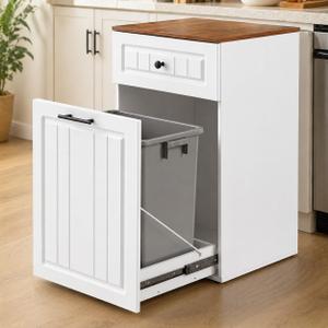 13 Gallon Pull Out Trash Can Cabinet with Drawer, Hidden Kitchen Garbage Cabinet, Freestanding Modern Farmhouse Waste Bin Furniture, White, Large