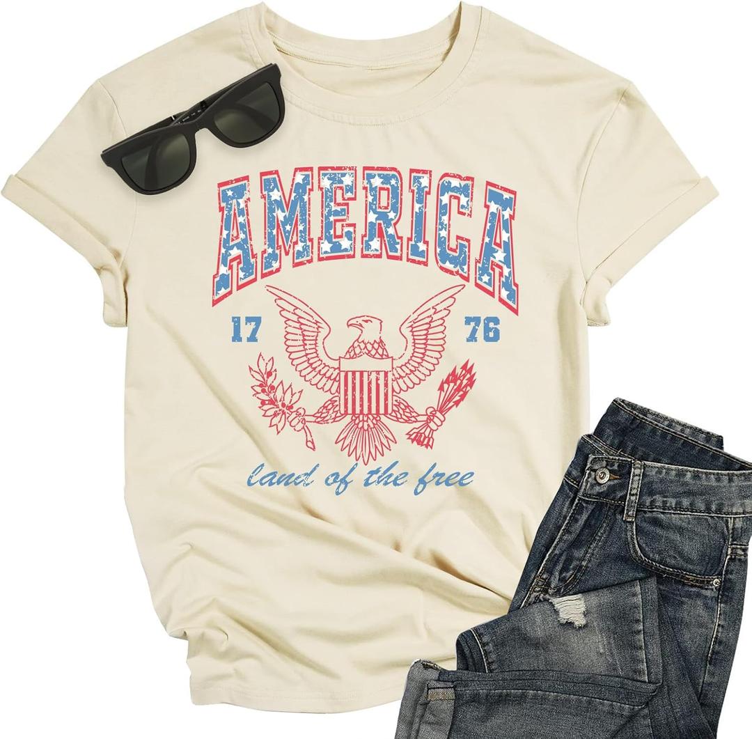 Women America Patriotic 4th of July Party Shirt Land of The Free T-Shirt Retro 1776 Short Sleeve Tee Top (XL)