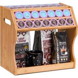 2-Tier K Cup Holder & Condiment Organizer, Bamboo Coffee Pod Organizer & Coffee Bar Accessory for Home or Office,Space-Saving Storage Rack with Handles