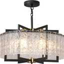 Modern Black Crystal Chandeliers for Dining Room, Elegant Chandelier Light Fixture for Kitchen Island, Water Ripple Glass, Drum Hanging Lights for Bar Table Entryway Foyer Hallway-24”