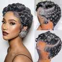 Dark Grey 13X4 Lace Front Curly Pixie Cut Wig Human Hair Wigs, Dark Grey 13x4 HD Lace Frontal Wigs Short Layered Curly Glueless Wig Deep Wave Pixie Cut Human Hair Wigs for Black Women, Natural Black