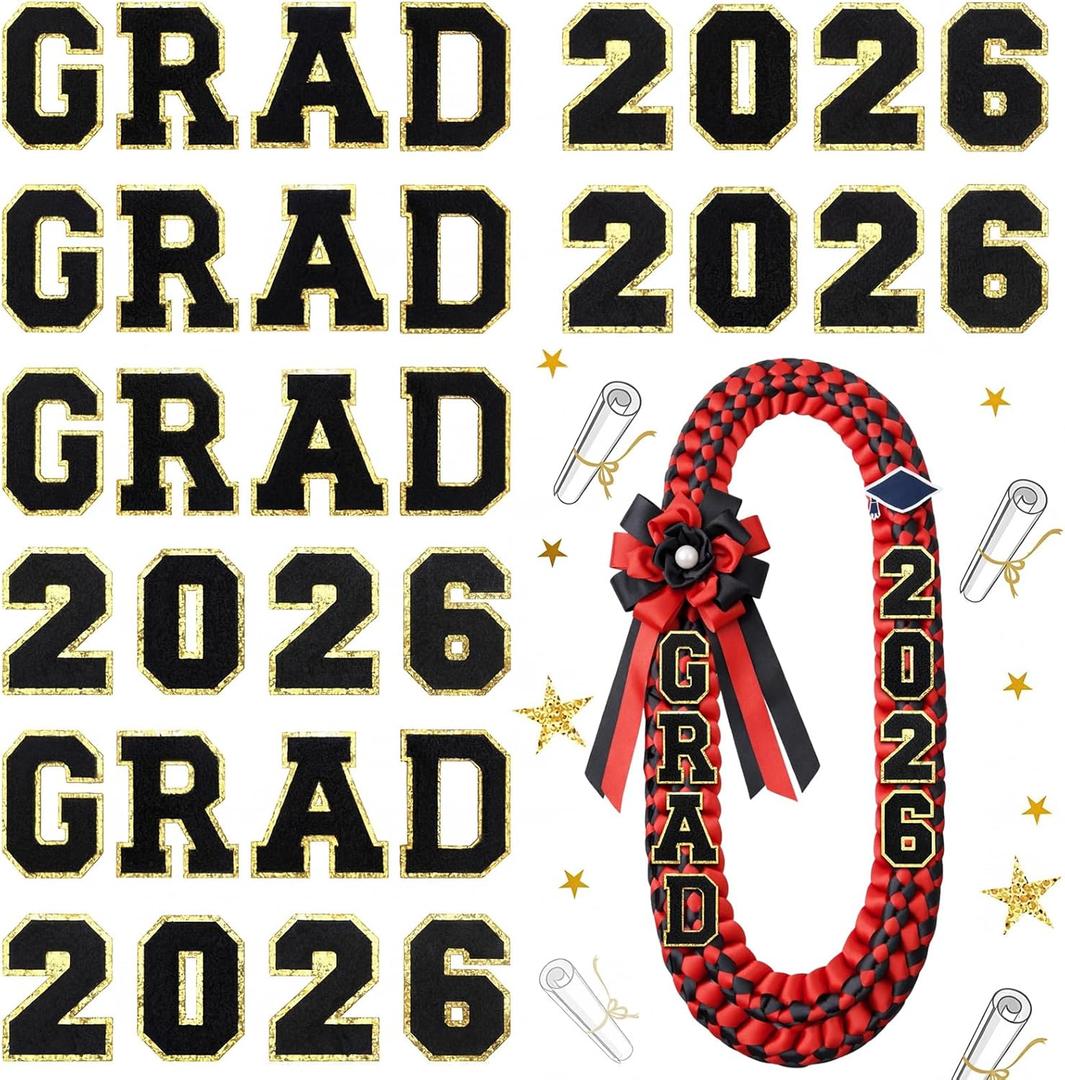 Lyrow 32 Pcs Self Adhesive Grad 2026 Iron on Patches Sew on Chenille Letter Patches Glitter Graduation Embroidered Applique Decor Exclude Lei for DIY Cloth Graduation Decor 2.1 Inch(Black)