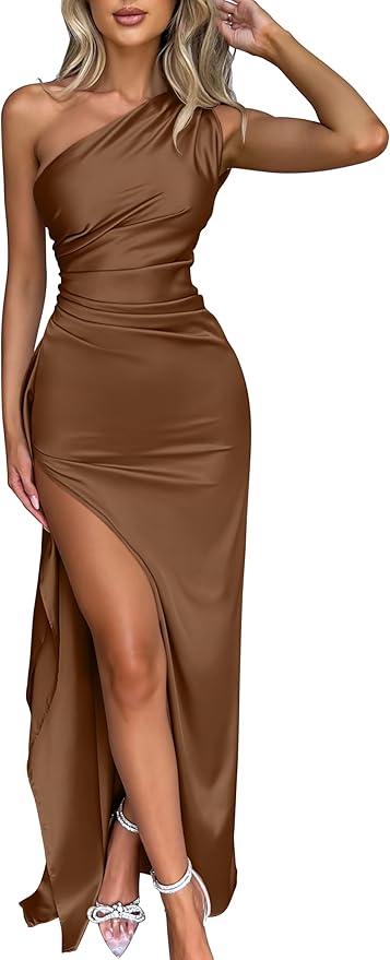 Memoriesea Women's Sexy One Shoulder High Split Cocktail Wedding Party Maxi Dress, Large