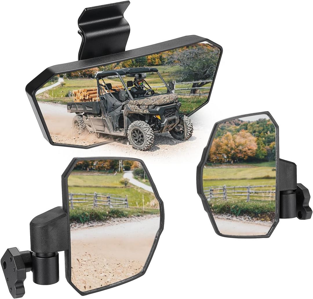 KEMIMOTO Rear View Mirror and Side Mirror, Convex Wide View Break Away 360 Adjustable, Compatible with Can-Am Defender & Defender Max, Side Mirror 6.1"8.3", Center Mirror 10.9"4.1"