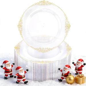 Morejoy 100pcs Gold Plastic Plates - Clear Gold Disposable Plates - 7.5 inch clear and gold dessert plates, Clear Plastic Plates with Gold Rim for Weddings & Parties & Shower