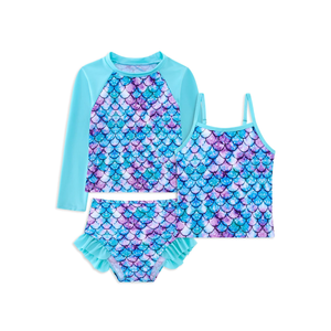 swimsobo Girls 3-Piece Swimsuit Long Sleeve Rash Guard Tankini Sets UPF Sun Proction Bathing Suit 4T