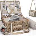 19Pcs Picnic Basket for 2 with Insulated Liner and Waterproof Picnic Blanket Wine Pouch, Large Wicker Picnic Hamper for Camping,Outdoor,Valentine Christmas for Couples